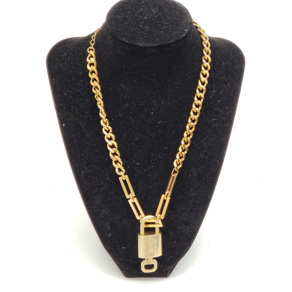 Authentic Louis Vuitton Gold Padlock Pendant W/ Unbranded Stainless Steel Chain